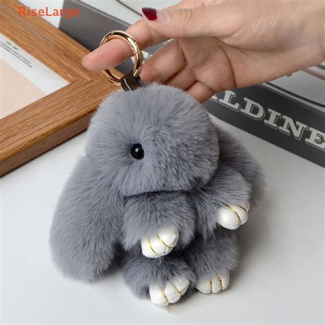 Riselarge Rabbit Keychain Ring Fluffy Real Fur Pompon Bunny Trinket