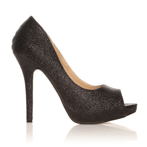 Tia Black Glitter Stiletto High Heel Platform Peep Toe Shoes