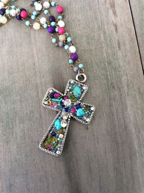 Beaded Cross Necklacelong Necklaceturquoise Cross Etsy Turquoise