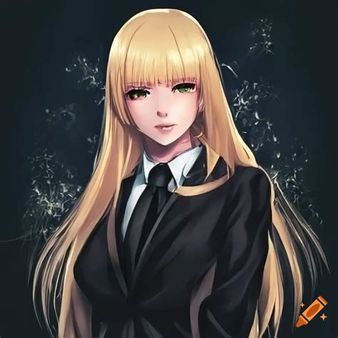 Illustration Of A Blond Haired Anime Woman In A Black Suit On Craiyon