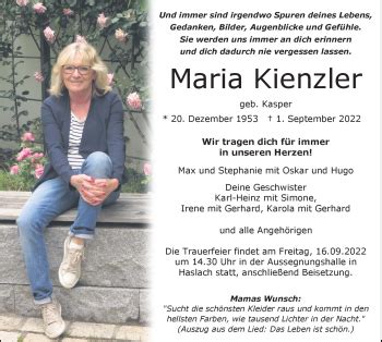 Traueranzeigen von Maria Kienzler Schwarzwälder Bote Trauer