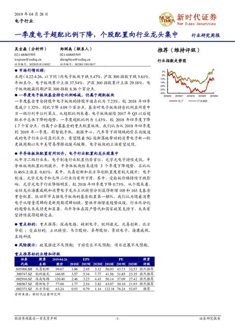 电子行业周报：一季度电子超配比例下降，个股配置向行业龙头集中