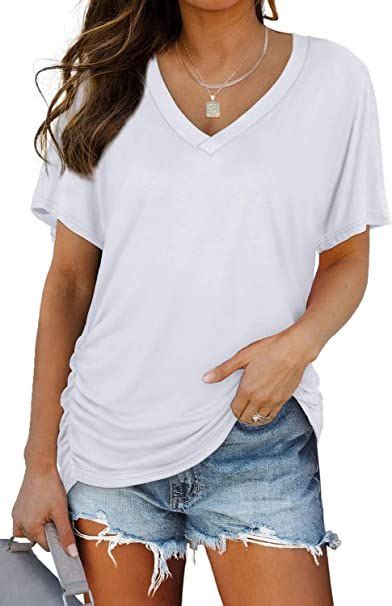 Spring Outfit Wiholl Womens Short Sleeve V Neck Dolman Tops With Side Shirring Loose Fit Shirts