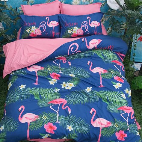 Blue With Pink Print Flamingo Bedding Set Twin Queen King Size Duvet