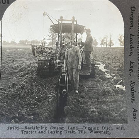 Tractor Digging Ditch Laying Drain Tile Wisconsin Antique Stereoview