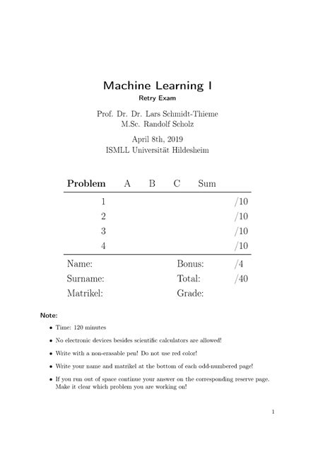 Klausur Winter Fragen Machine Learning I Retry Exam Prof