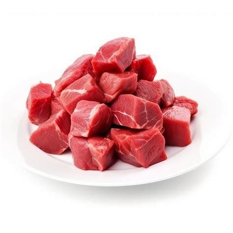 Premium Ai Image Red Beef Meat Chunks On White Plate Isolated On