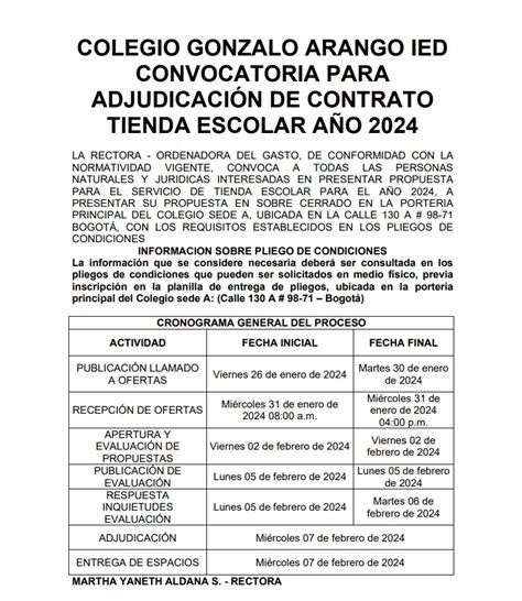 Comunicados Rector A Convocatoria Adjudicaci N Contrato Tienda Escolar