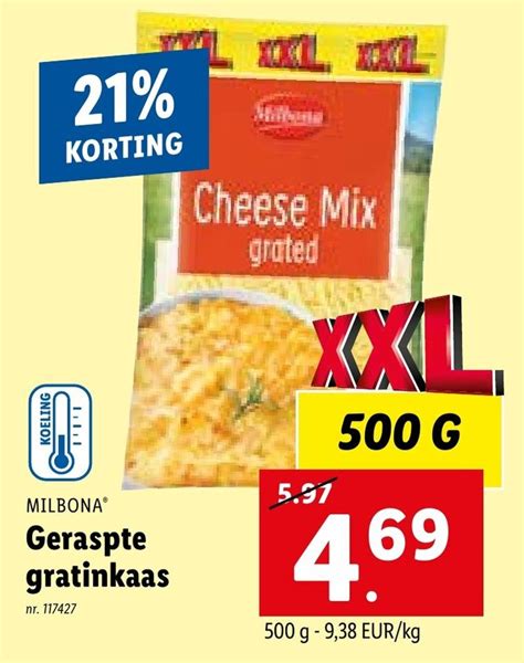 MILBONA Geraspte Gratinkaas 500g Promotie Bij Lidl