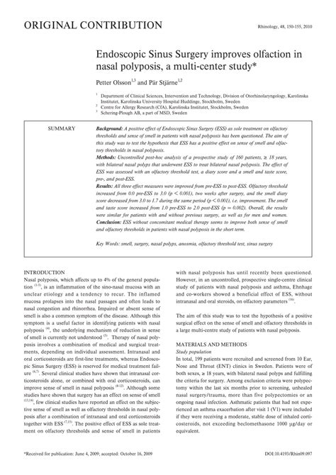 (PDF) Endoscopic Sinus Surgery improves olfaction in nasal polyposis, a ...