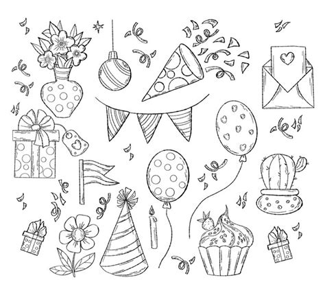 Premium Vector | Holiday birthday festive set doodles bouquet flowers ...