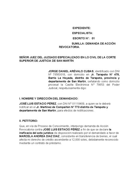 Acción Pauliana Expediente Especialista Escrito N° 01 Sumilla