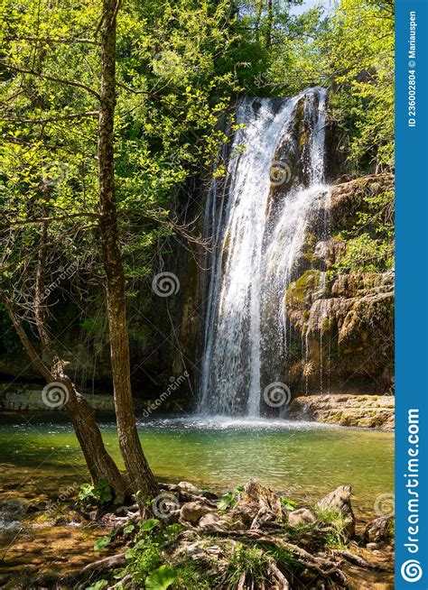 Beautiful Waterfall In Green Forest Among Trees Stock Photo Image Of