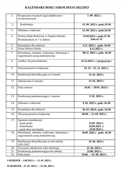 KALENDARZ ROKU SZKOLNEGO Zespół Szkolno Przedszkolny nr 7 w Zabrzu