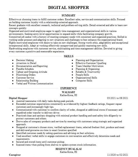 Digital Shopper Resume Example