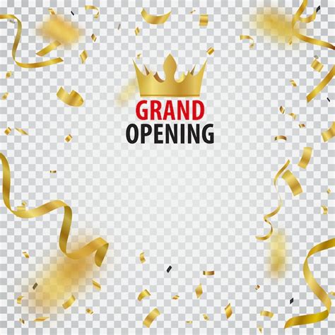 Grand Opening Card Design With Gold Ribbon And Confetti Premium Vector