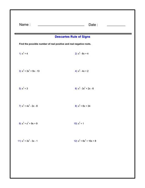 Descartes Rule Of Signs Worksheets Algebra Polynomial Functions