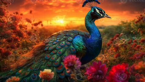 Majestic Peacock Displays Vibrant Colors In Nature Beautiful Landscape