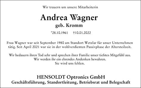 Traueranzeigen Von Andrea Wagner Vrm Trauer De