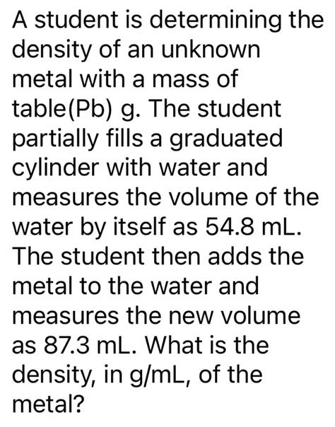 A Student Is Determining The Density Of An Unknown Metal With A Mass Of