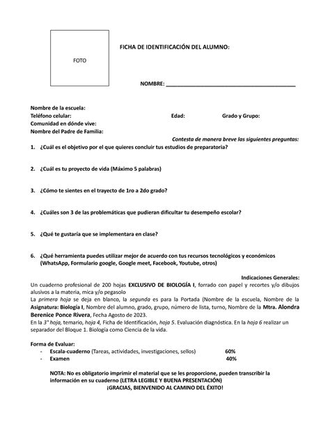 Ficha De Identificaci N Del Alumno Ciencias Experimentales Studocu