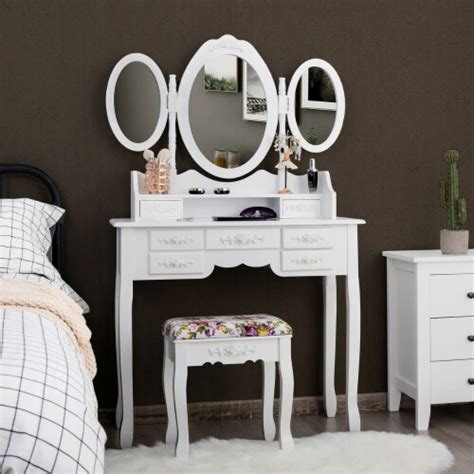 Vanity Makeup Set W7 Drawer Tri Folding Mirror Dressing Table And Stool