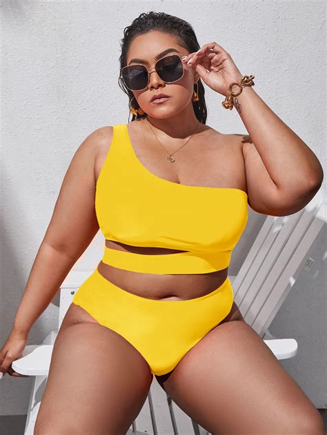 SHEIN Swim Vcay Plus Bikini Set Cut Out One Shoulder Top High Waisted