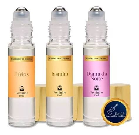 Kit 3 Perfumes Roll On Dama Da Noite Jasmim E Lírios 10ml