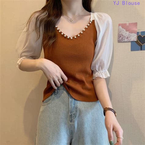 V Neck Blouse Plus Size Women Summer Korean Style V Neck Puff Sleeve