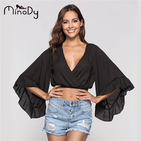 Minody Women Blouse Crop Top Sexy Deep V Neck Black White Wrap Top Flare Sleeve Crop Blouse 2018