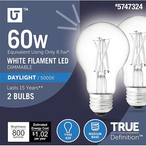 Utilitech Led Light Bulb 60 Watt Eq A19 Daylight E26 Dimmable Led General Purpose Light Bulb 2