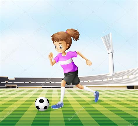 Una niña jugando al fútbol en el campo Vector de stock