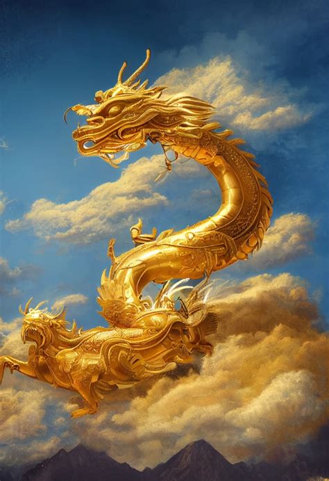 In The Blue Sky There Is A Golden Chinese Dragon Midjourney Openart