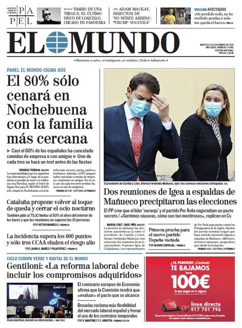 Cover Of EL MUNDO For Tuesday December 21 2021 Teller Report