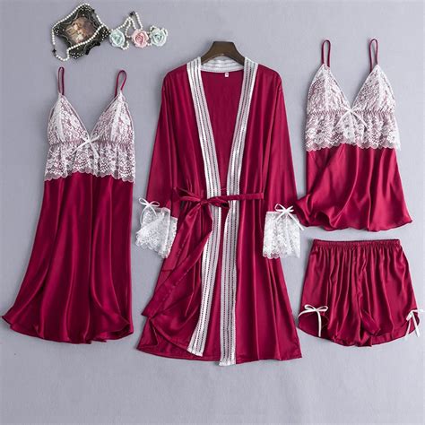 Julys Song New Spring Sleepwear 4 Piece Sexy Lace Pajamas Set Women