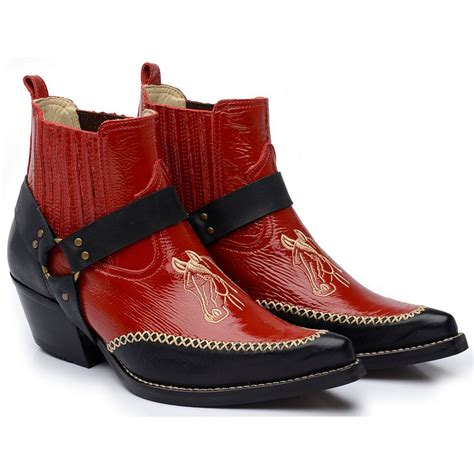 Botina Masculina Country Bico Fino Couro Verniz Vermelho E Preto