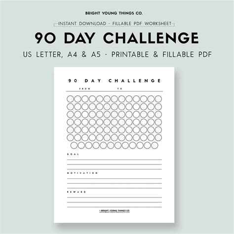 90 Day Challenge Printable Pdf 90 Day Challenge Fillable Pdf Worksheet Personal Development