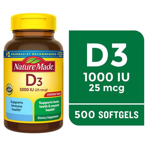 Nature Made Vitamin D3 1000 IU (25 mcg) Softgels, Dietary Supplement ...