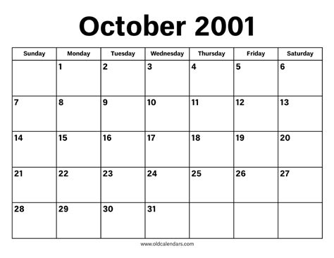 October 2001 Calendar – Printable Old Calendars