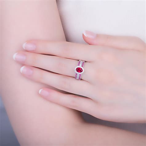 Eternity Ruby Oval Diamond Halo 18k White Gold Engagement Ring Jian