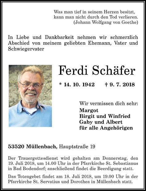 Traueranzeigen von Ferdi Schäfer rz trauer de