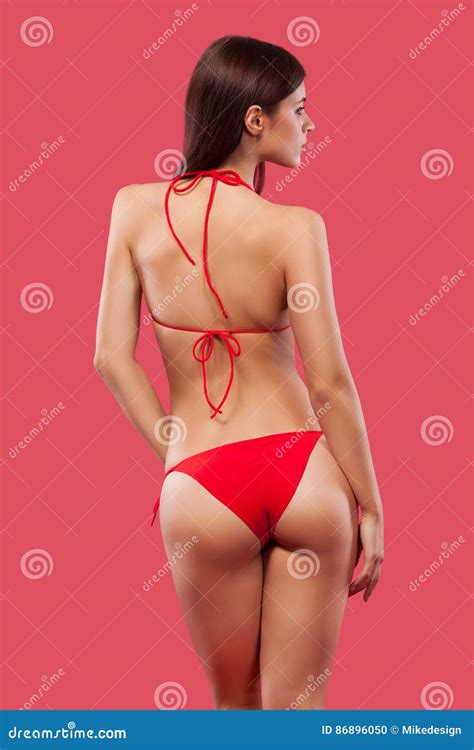 Blonde Woman Wearing Swimwear Posing On Color Background Perfect Body