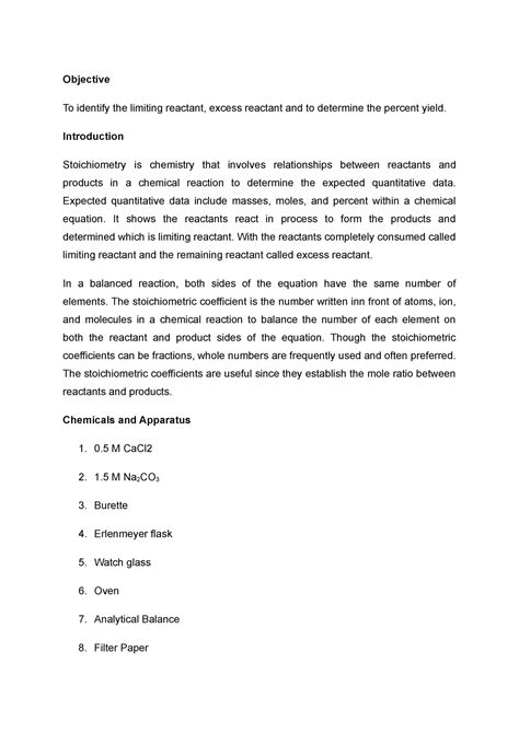 Lab Report Exp Chm Objective To Identify The Limiting Reactant