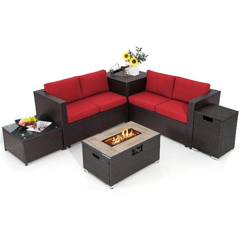 Gymax Piece Patio Sofa Fire Table Set Outdoor Wicker Rattan