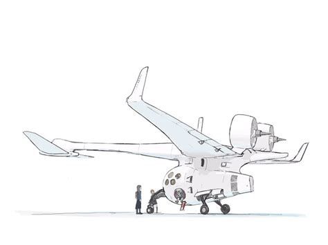 A Drawing Of An Airplane With People Standing Next To It