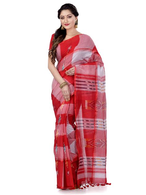 Buy Bengal Cotton Red And White Saree Tant Handloom Saree Desh Bidesh