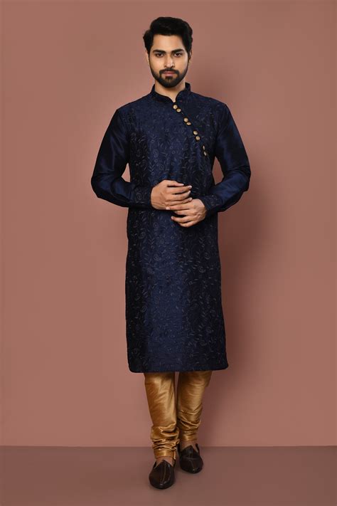 Buy Blue Dupion Silk Embroidery Paisley Kurta Set For Men By Naintara