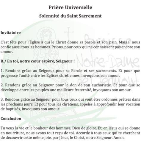 Prière universelle de Notre Dame de Clermont pour la Solennité du Saint