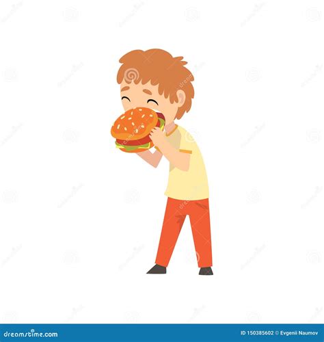 Cute Boy Eating Burger Child Enjoying Eating Of Fast Food Vector