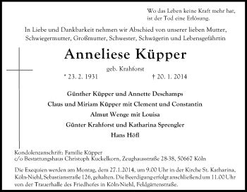 Traueranzeigen von Anneliese Küpper WirTrauern